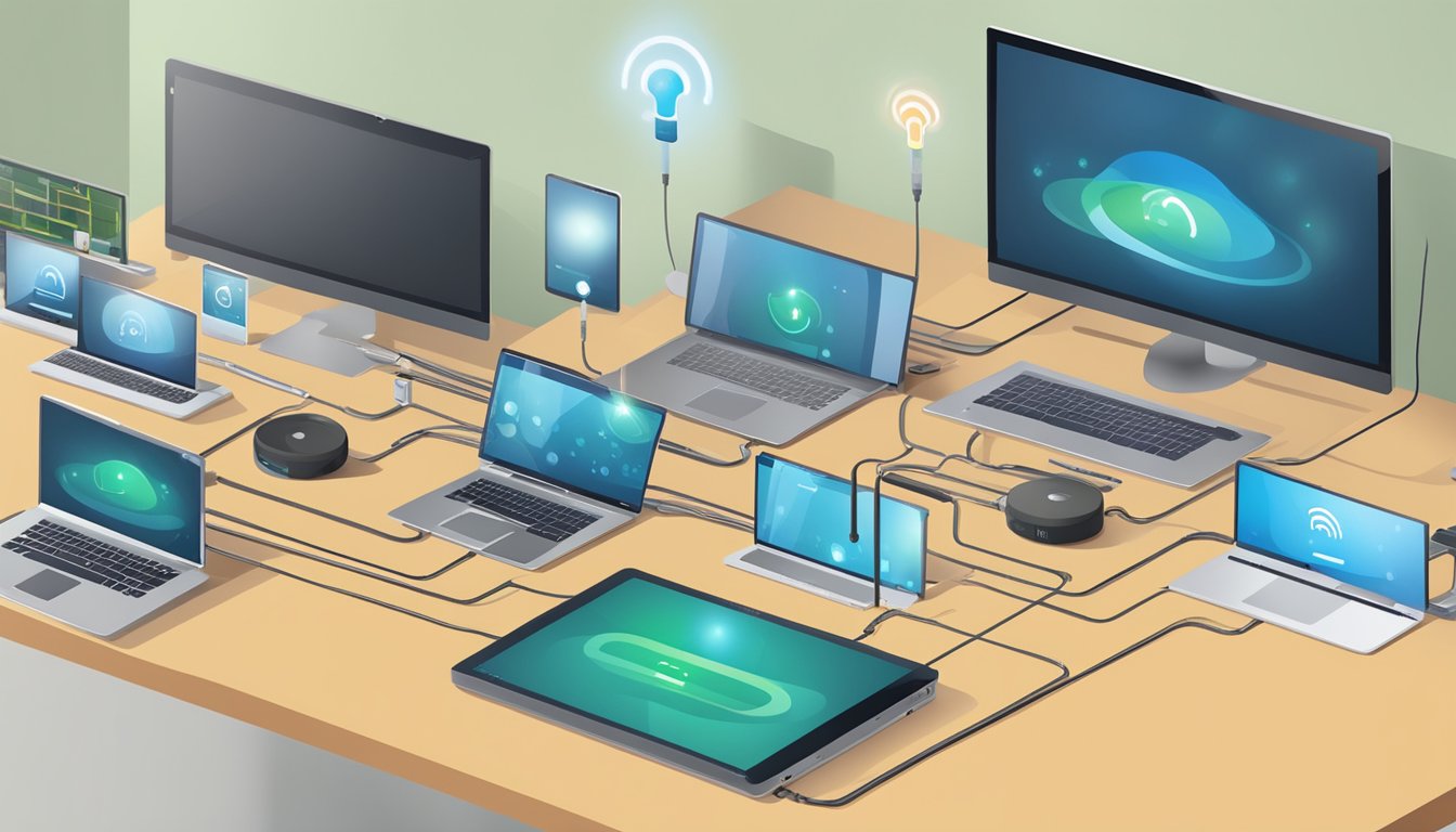 A router connected to multiple devices, such as laptops, smartphones, and smart home devices, all linked together in a home network