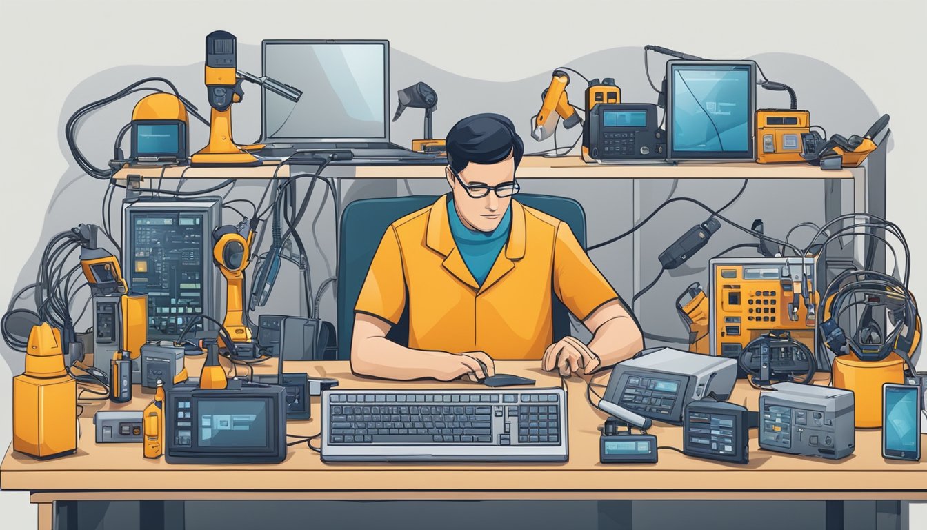 A technician surrounded by various electronic devices, examining and testing them with different tools and equipment to identify and resolve common performance issues