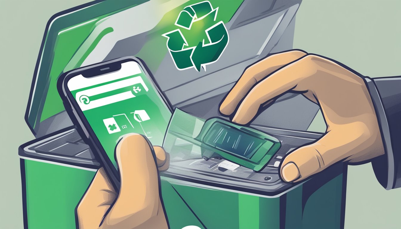 A hand holding a smartphone over a recycling bin, with a computer in the background showing a progress bar for securely erasing data