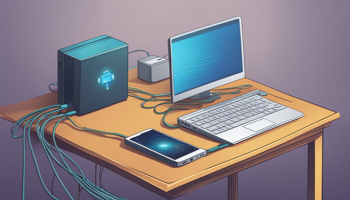 A router and modem sit on a desk, connected by Ethernet cables. A laptop and smartphone are nearby, both connected to the network. A padlock symbolizes security