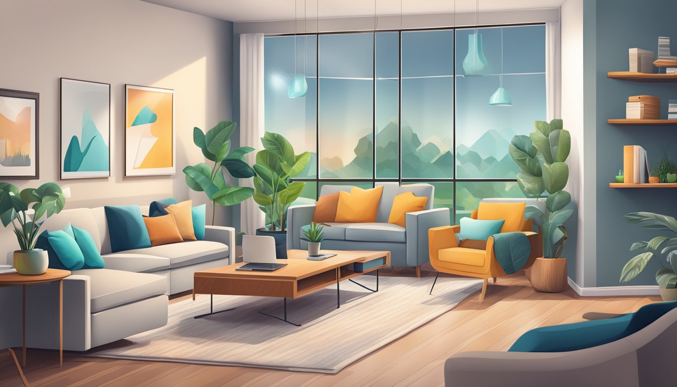 A modern, clutter-free living room with electronic devices, such as a router and smart home gadgets, positioned strategically for optimal WiFi coverage