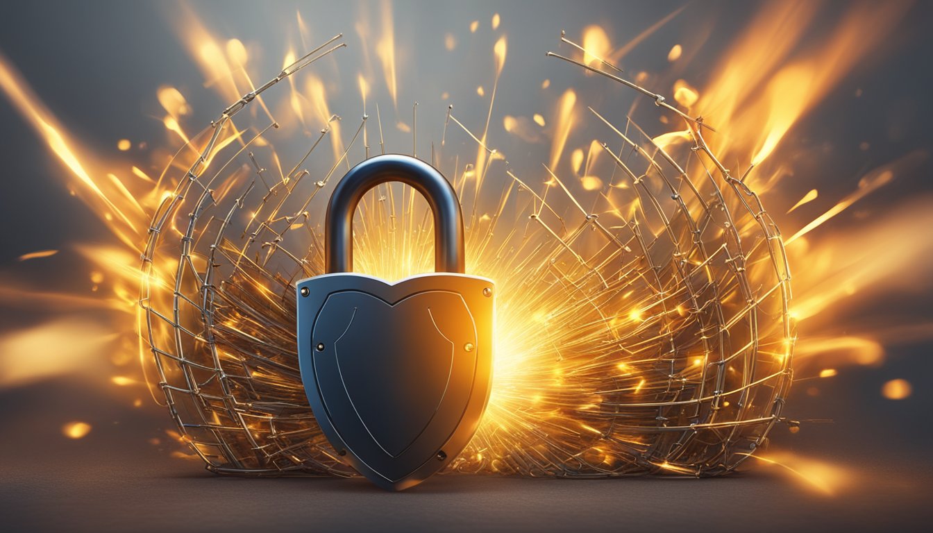 A padlock symbolizing network security is surrounded by a shield, while a wall of fire separates it from potential threats