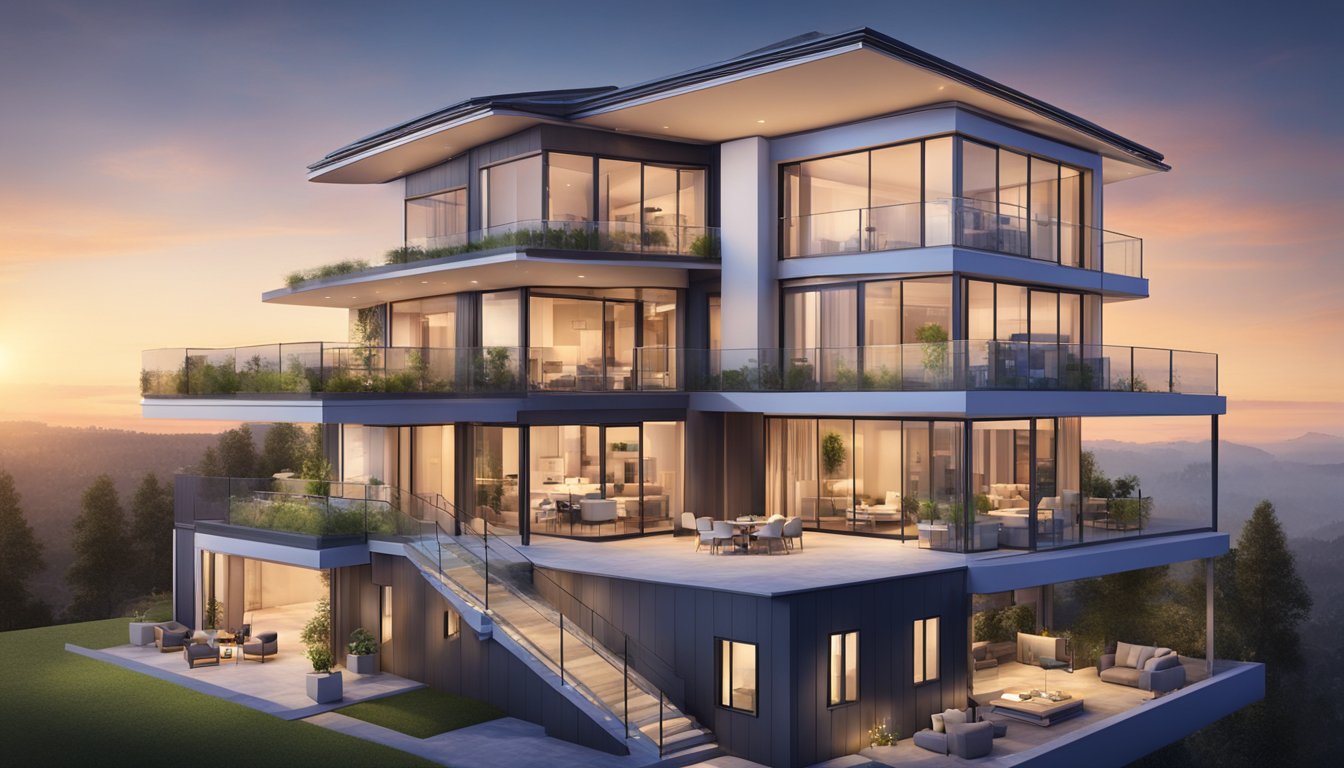 A large home with multiple floors and rooms, featuring a mesh network system with interconnected nodes providing seamless and reliable Wi-Fi coverage throughout the entire space