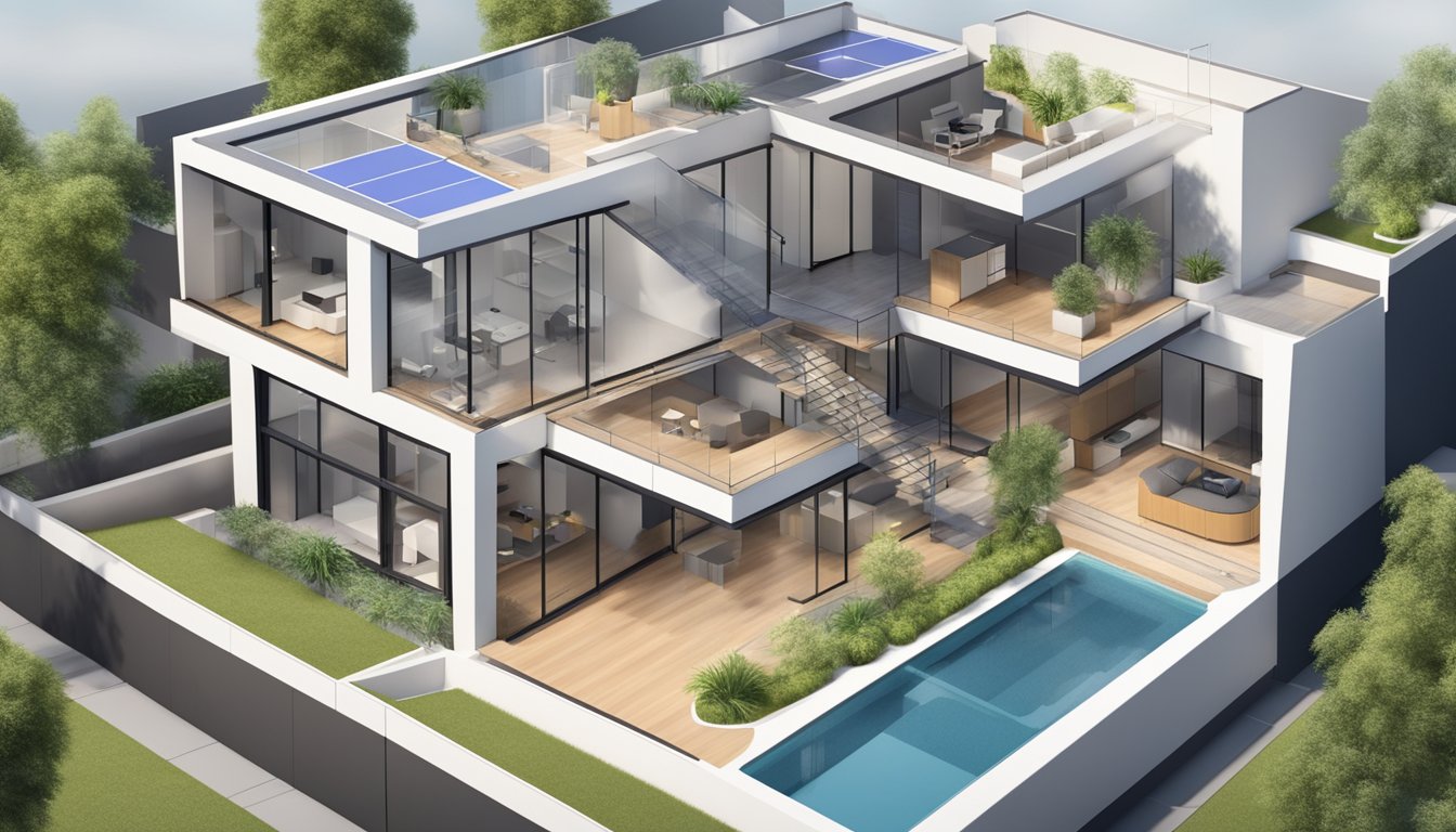 A spacious modern home with multiple levels and rooms, each equipped with smart devices seamlessly connected through a mesh network