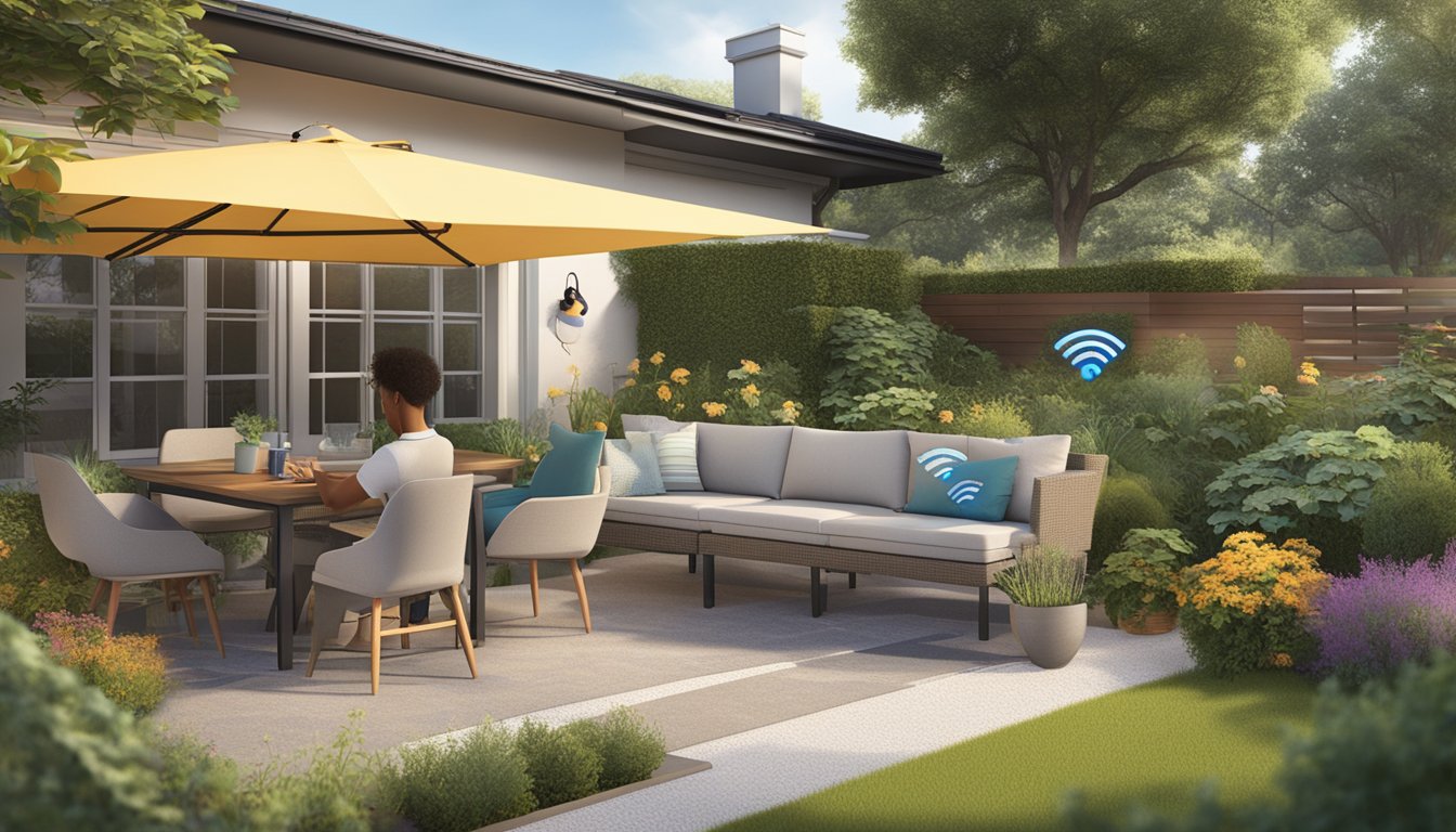 A person sets up a WiFi extender in their backyard, connecting it to their existing router. The extender is positioned near the outdoor seating area, with the signal reaching into the garden