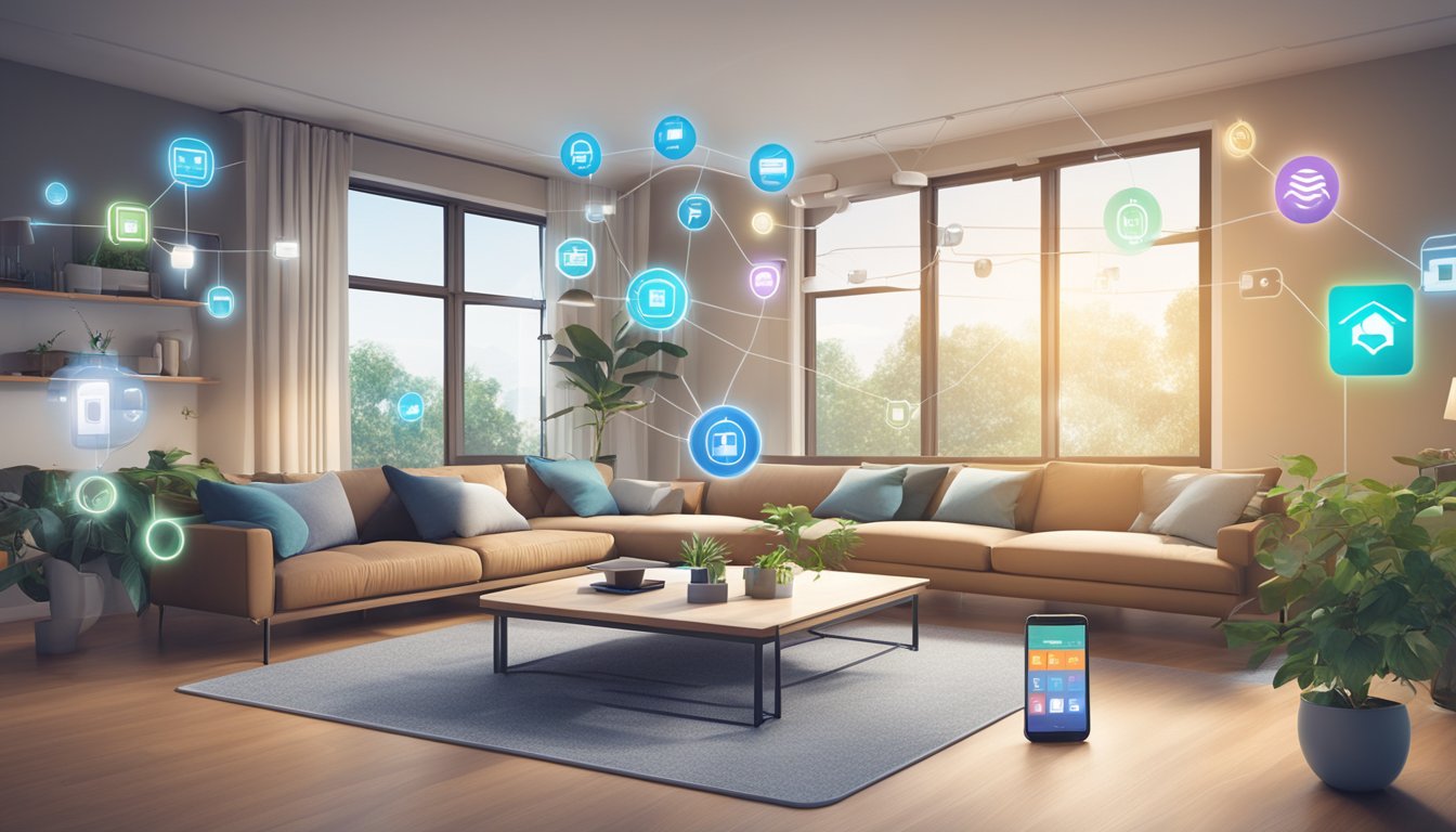 A modern smart home with connected devices, including smart speakers, security cameras, and thermostats, all integrated into a centralized network system