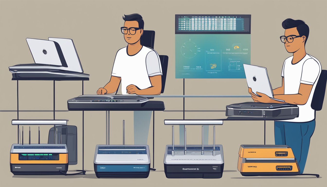 A person comparing router features, looking at speed, range, and security options. Multiple router models displayed on a table for comparison