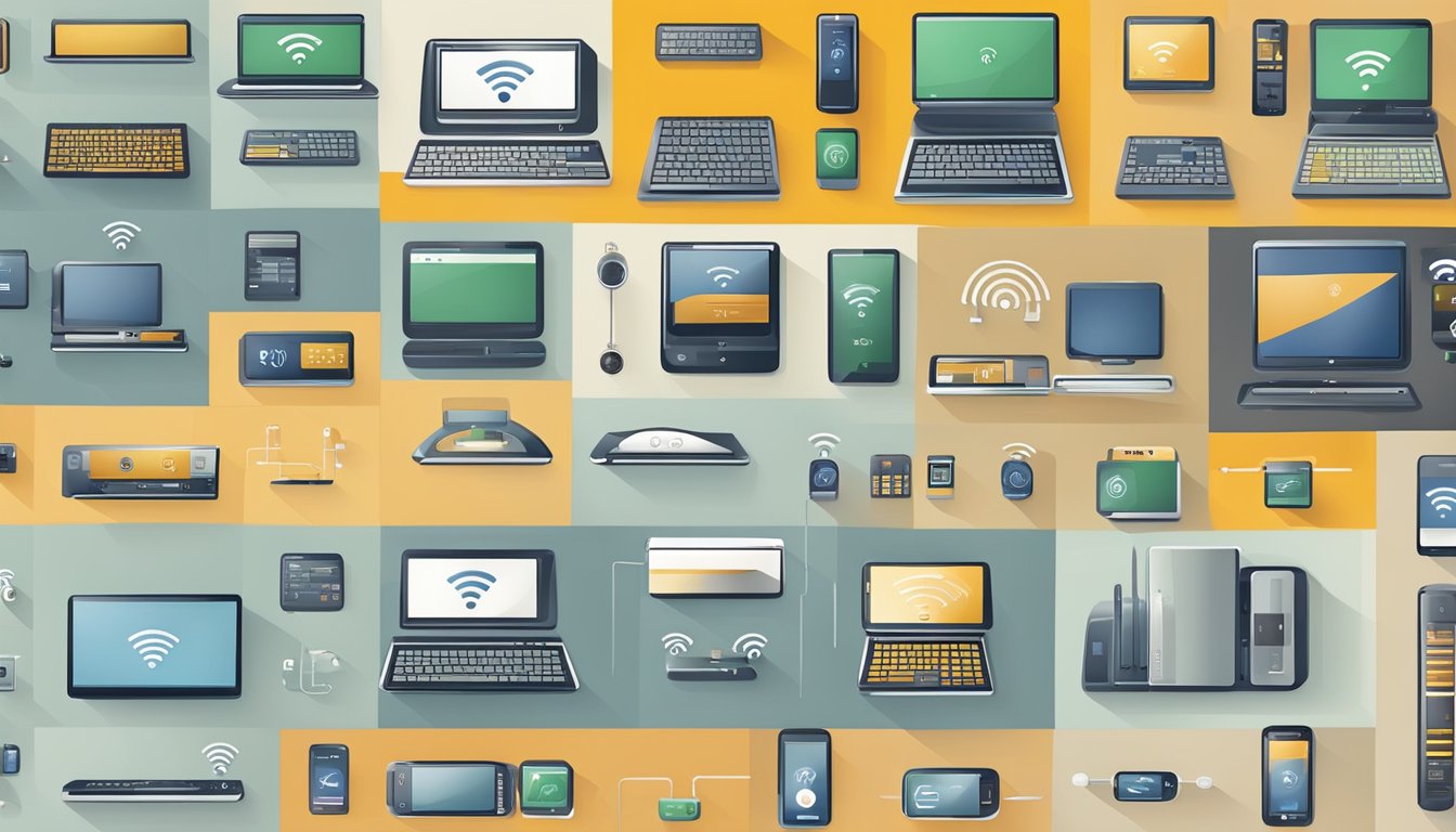 A range of electronic devices connected to various WiFi standards, from older to the latest, symbolizing the impact on technology and user experience