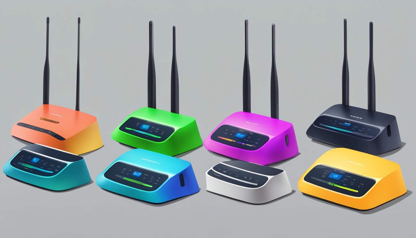 A collection of various routers arranged in a line, each labeled with different WiFi standards such as 802.11n, 802.11ac, and 802.11ax