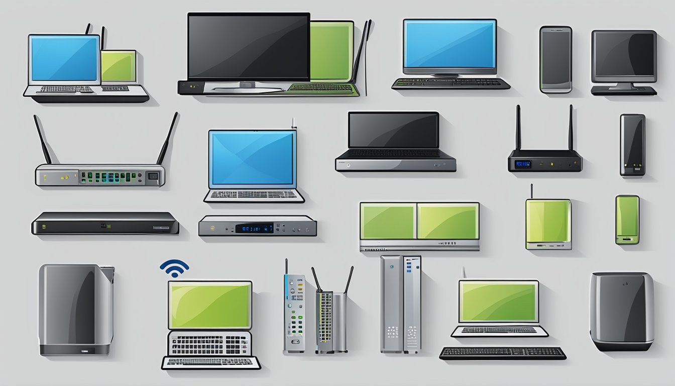 A collection of electronic devices, including routers and modems, each labeled with different WiFi standards such as 802.11n, 802.11ac, and 802.11ax