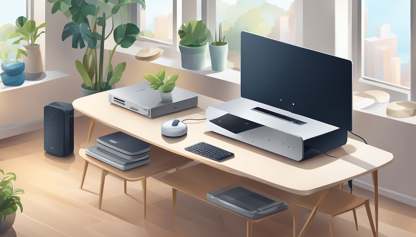 A modern, sleek router placed on a high shelf in a spacious, open room with minimal obstructions and surrounded by various electronic devices