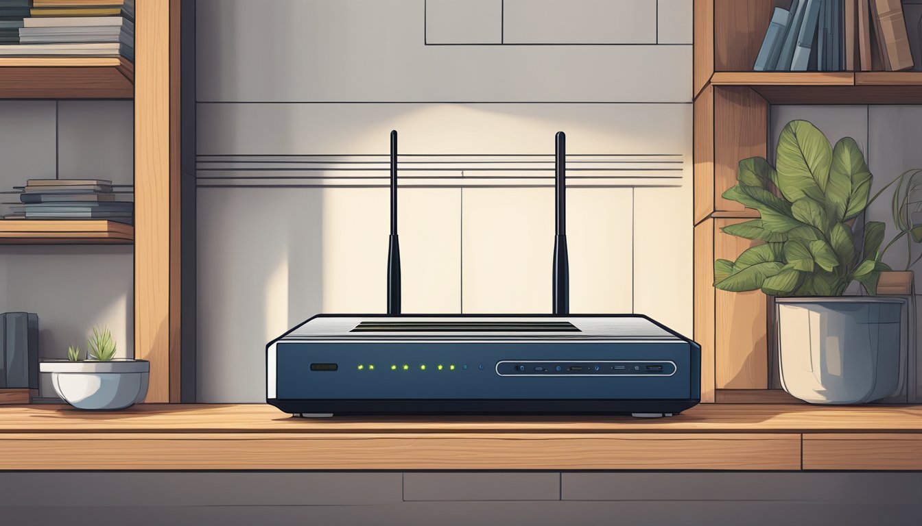 A router is placed high on a shelf near the center of a spacious room, with clear line of sight to all areas and minimal obstructions