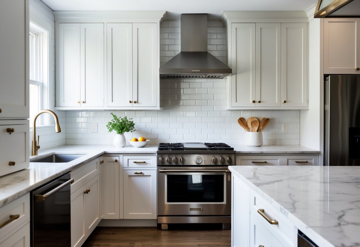 A modern kitchen with subway tile backsplash, stainless steel appliances, and marble countertops