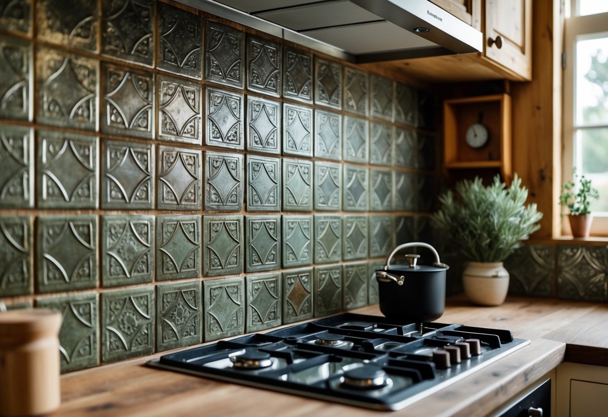 A rustic kitchen with vintage tin tiles as a backsplash. The tiles are weathered and have intricate patterns, adding character to the space