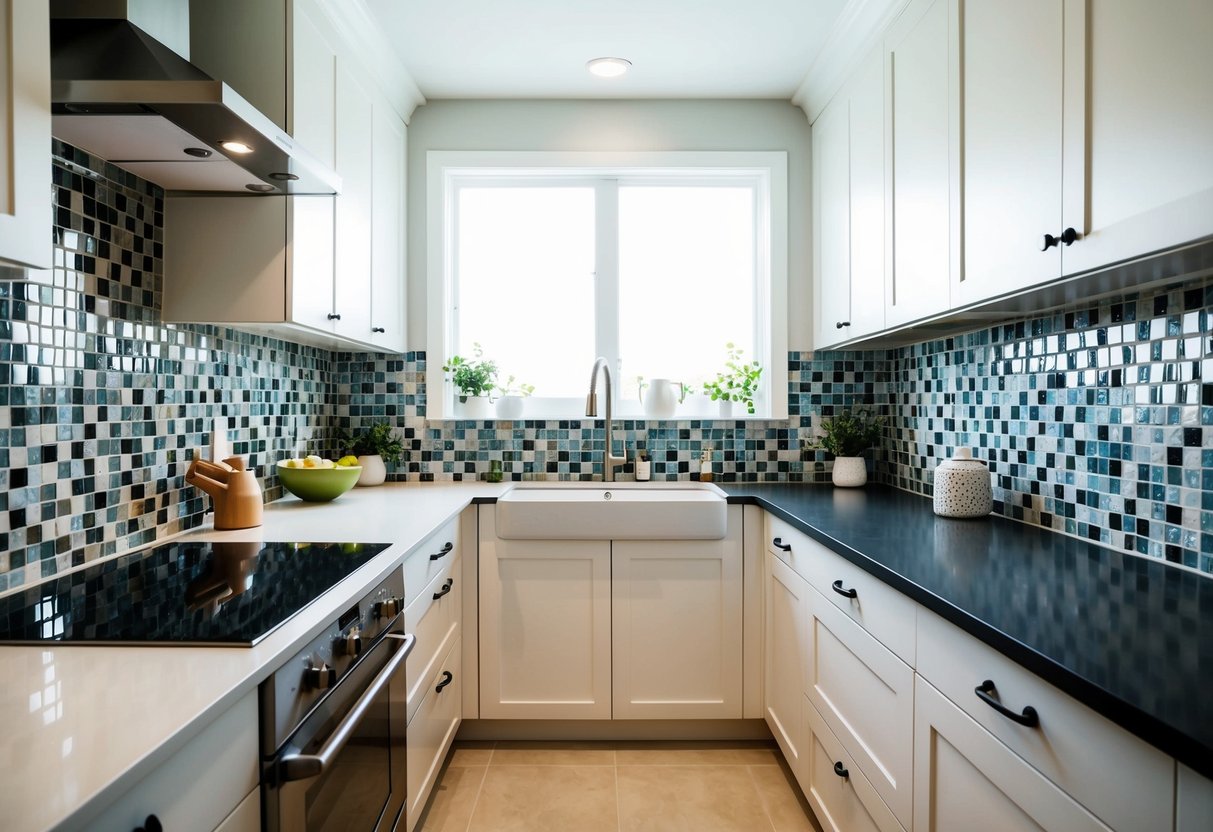 A kitchen with various backsplash designs on display, including mosaic tiles, subway tiles, and patterned ceramics. Bright lighting and a clean, modern aesthetic