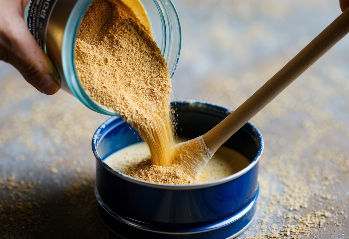 Mica powder being poured into a container of paint, with a stirring stick mixing the two together