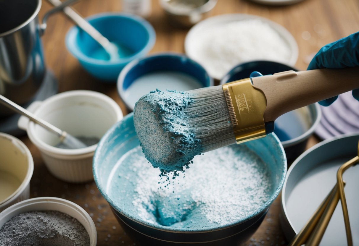 Mica powder being mixed into paint, creating a shimmering effect. Various tools and containers for mixing and blending are present