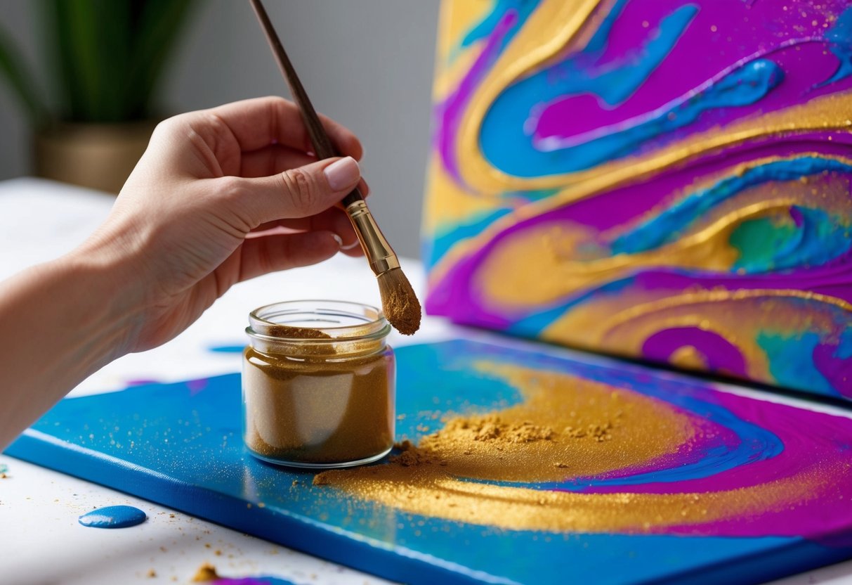 A hand holding a small jar of mica powder, a paintbrush dipping into the powder, and a canvas with vibrant swirls of color being painted with the mica-infused paint