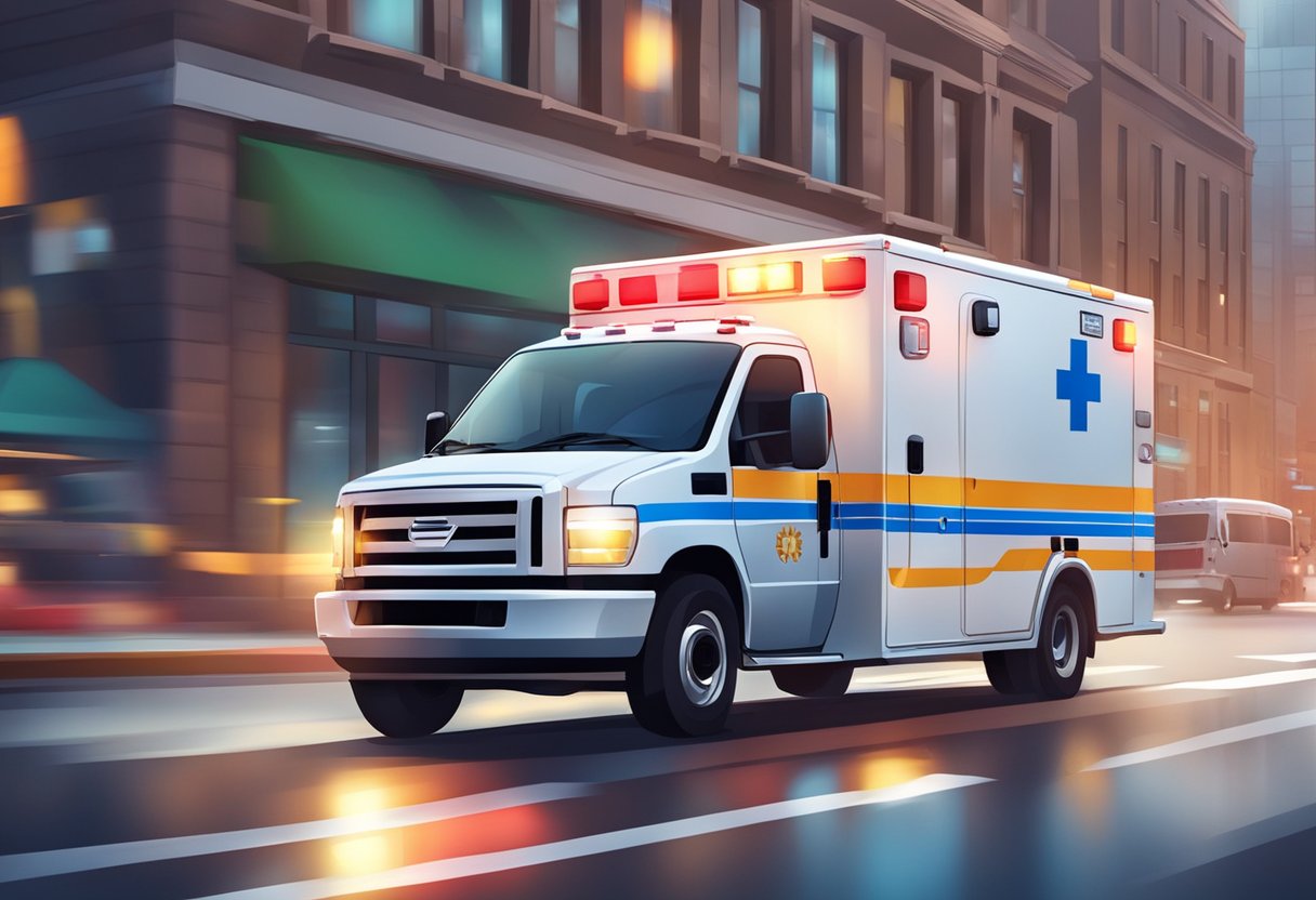 Ambulance rushing through city streets with flashing lights and blaring siren. Medics and equipment visible through windows