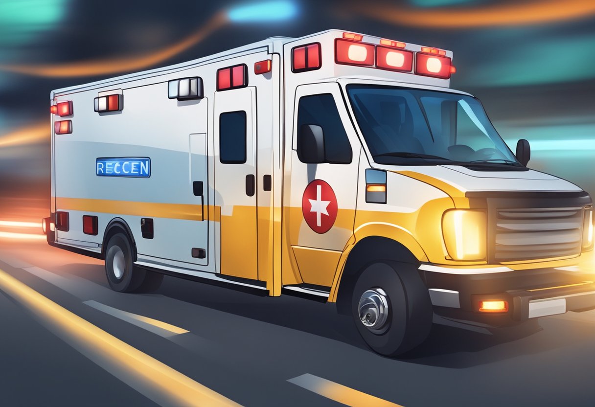 An ambulance speeding through traffic with lights flashing and sirens blaring, rushing to the scene of an emergency rescue