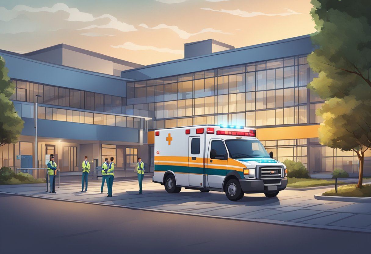 An ambulance parked outside a hospital, with emergency lights flashing and paramedics carrying a stretcher towards the entrance