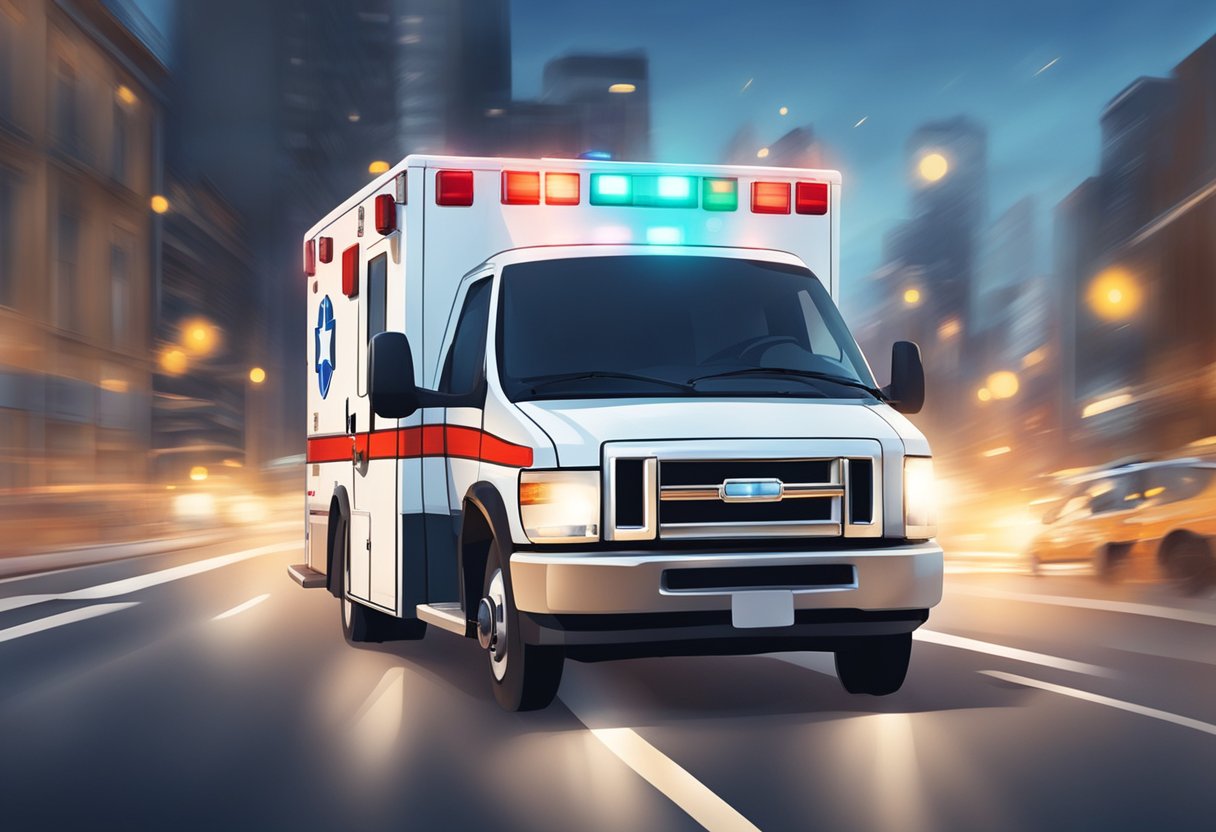 An ambulance speeding through city streets with lights flashing and siren blaring, rushing to a rescue mission