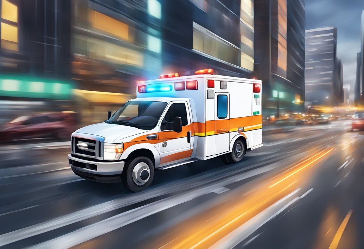 An ambulance with its lights flashing and sirens blaring as it speeds through a busy city street, weaving through traffic to reach its destination