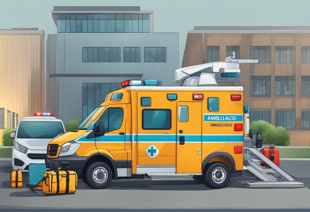 An ambulance parked with rescue equipment and instrumentation laid out nearby
