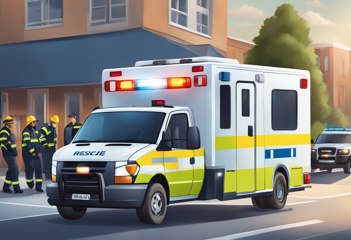 A team of rescue professionals training around an ambulance, practicing emergency procedures and teamwork