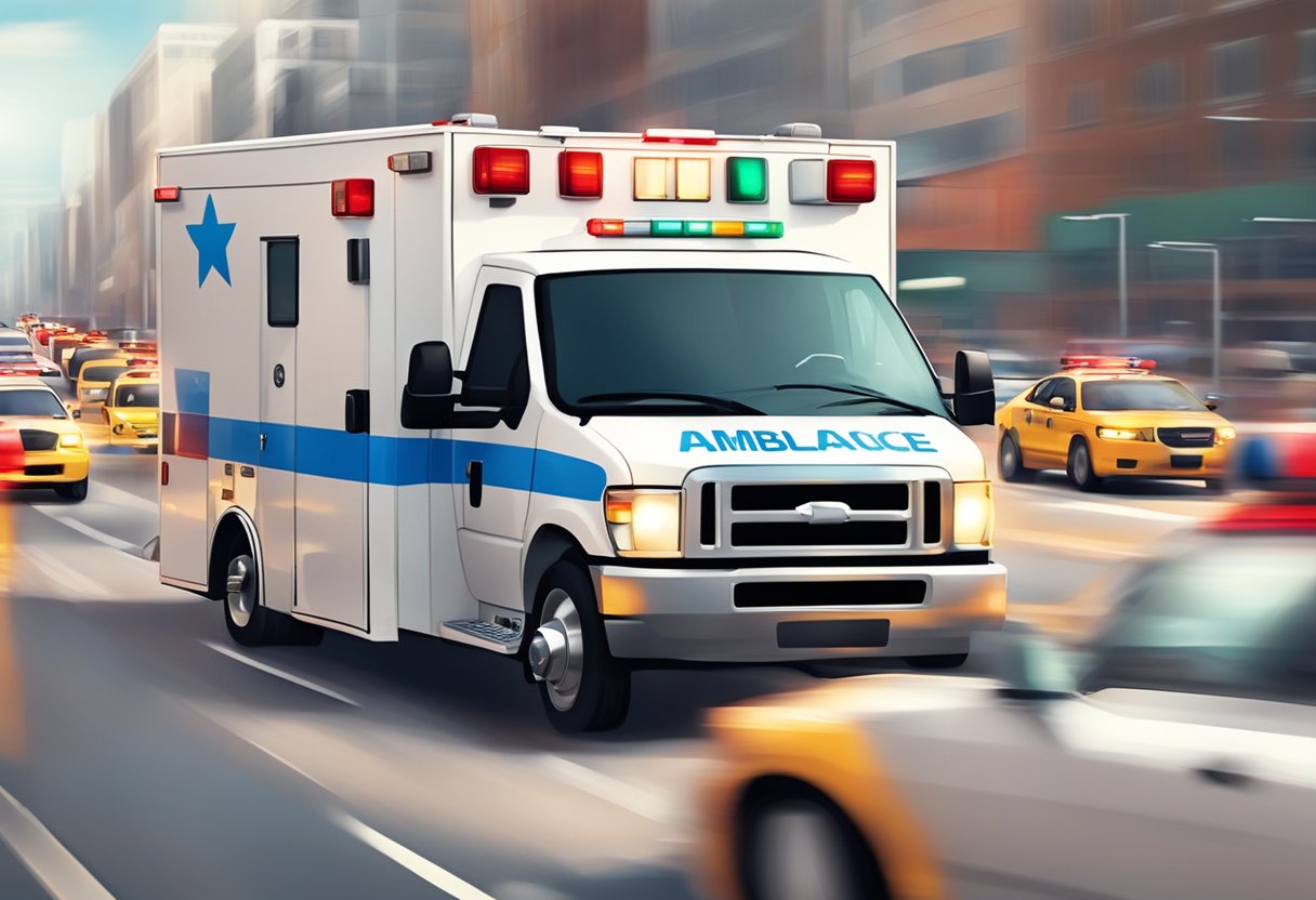 An ambulance speeding through traffic with sirens blaring, weaving through cars to reach an emergency scene
