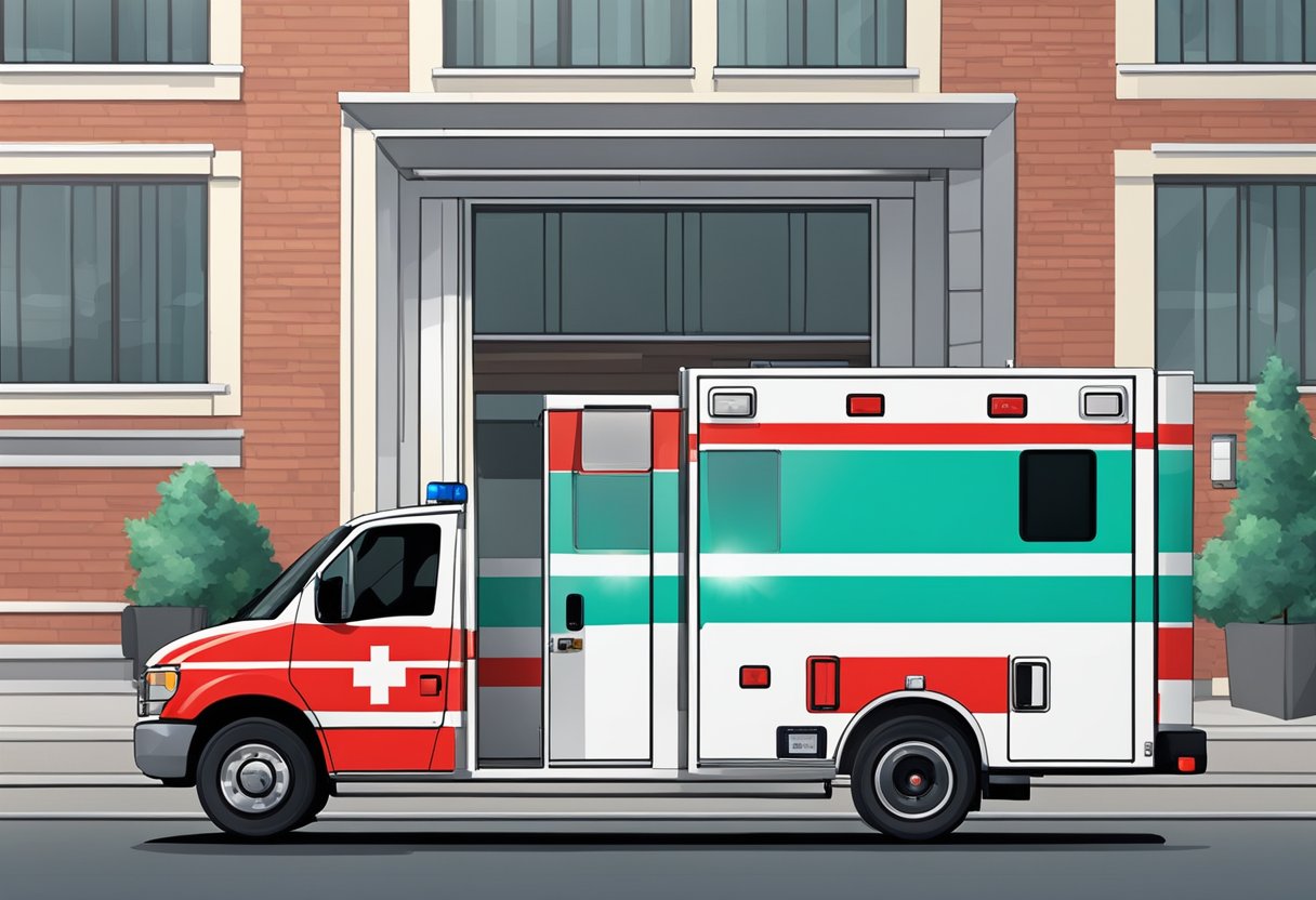 An ambulance with flashing lights and a red cross logo parked outside a building, with medical equipment visible through the open back doors