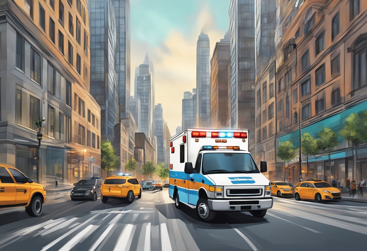 An ambulance speeding through city streets, sirens blaring, as it rushes to respond to an emergency call
