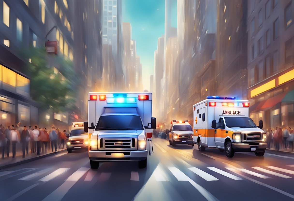An ambulance with flashing lights and sirens racing through a crowded city street, weaving through traffic to reach a specific location for a rescue