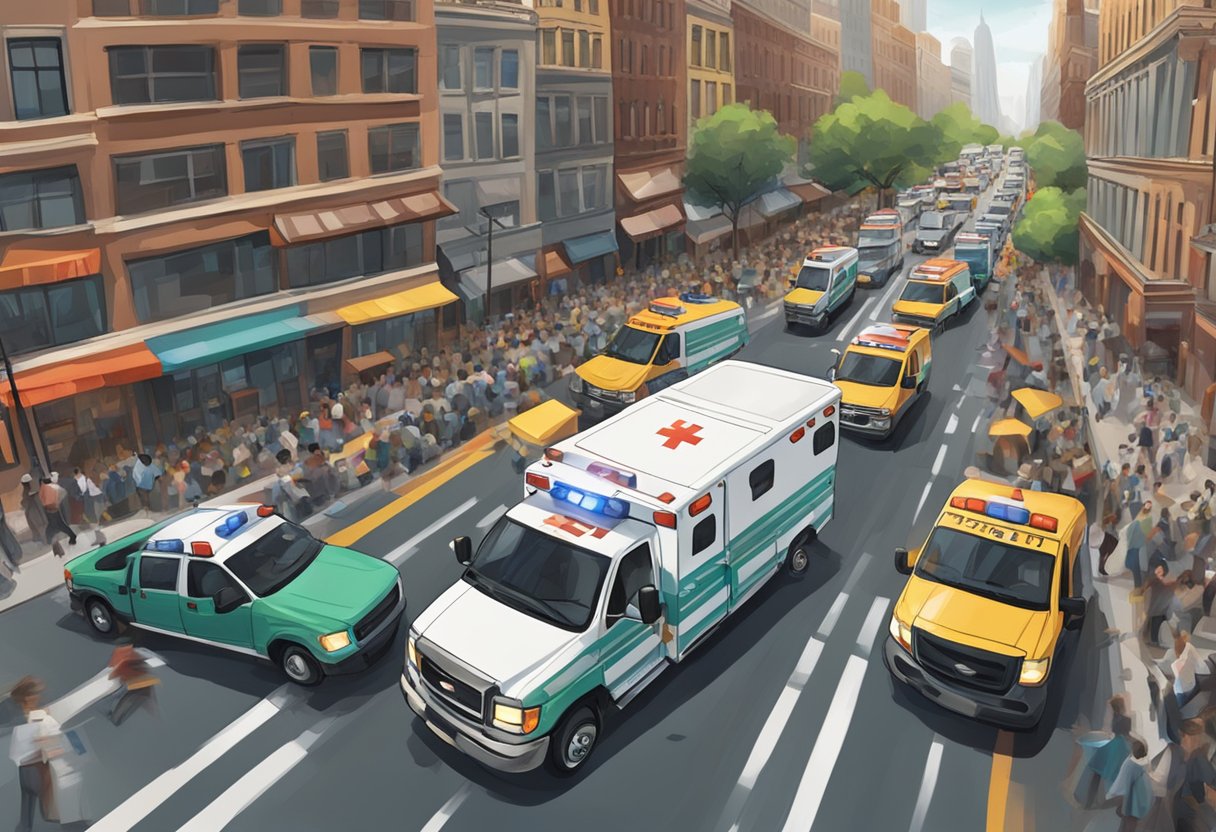 An ambulance speeding through a crowded city street, sirens blaring, as it navigates through traffic to reach a rescue mission