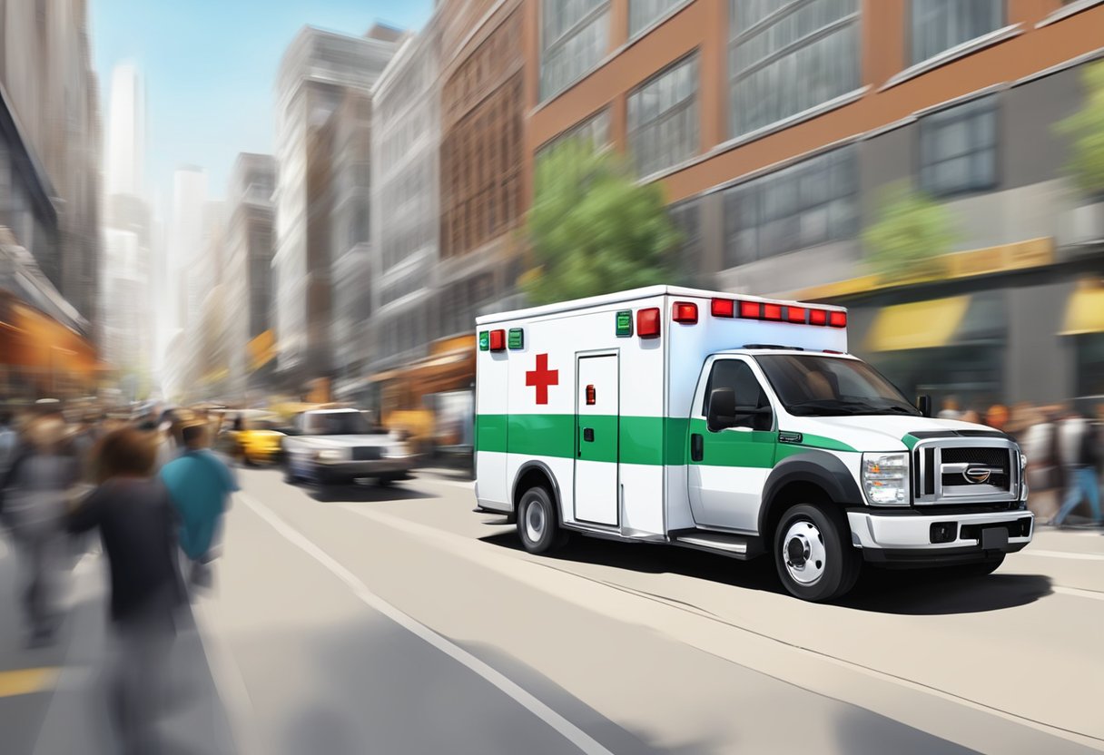 Resgate Ambulância: Eficiência no Atendimento de Emergências 1 An ambulance speeding through a crowded city street, its siren blaring as it rushes to the scene of an emergency