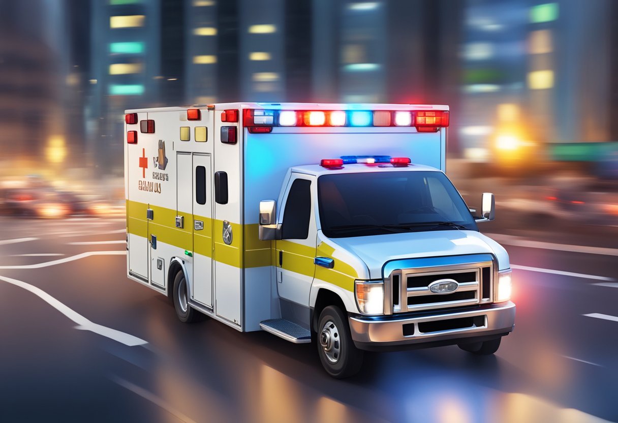 Resgate Ambulância: Eficiência no Atendimento de Emergências 5 An emergency medicalized service ambulance rushing through traffic with lights flashing and sirens blaring