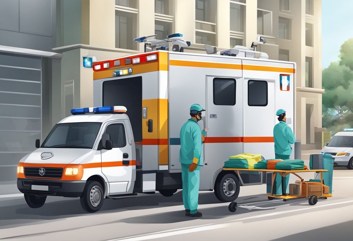 Resgate Ambulância: Eficiência no Atendimento de Emergências 6 An ambulance being prepared for a rescue operation, with medical supplies being loaded and the vehicle being checked by staff