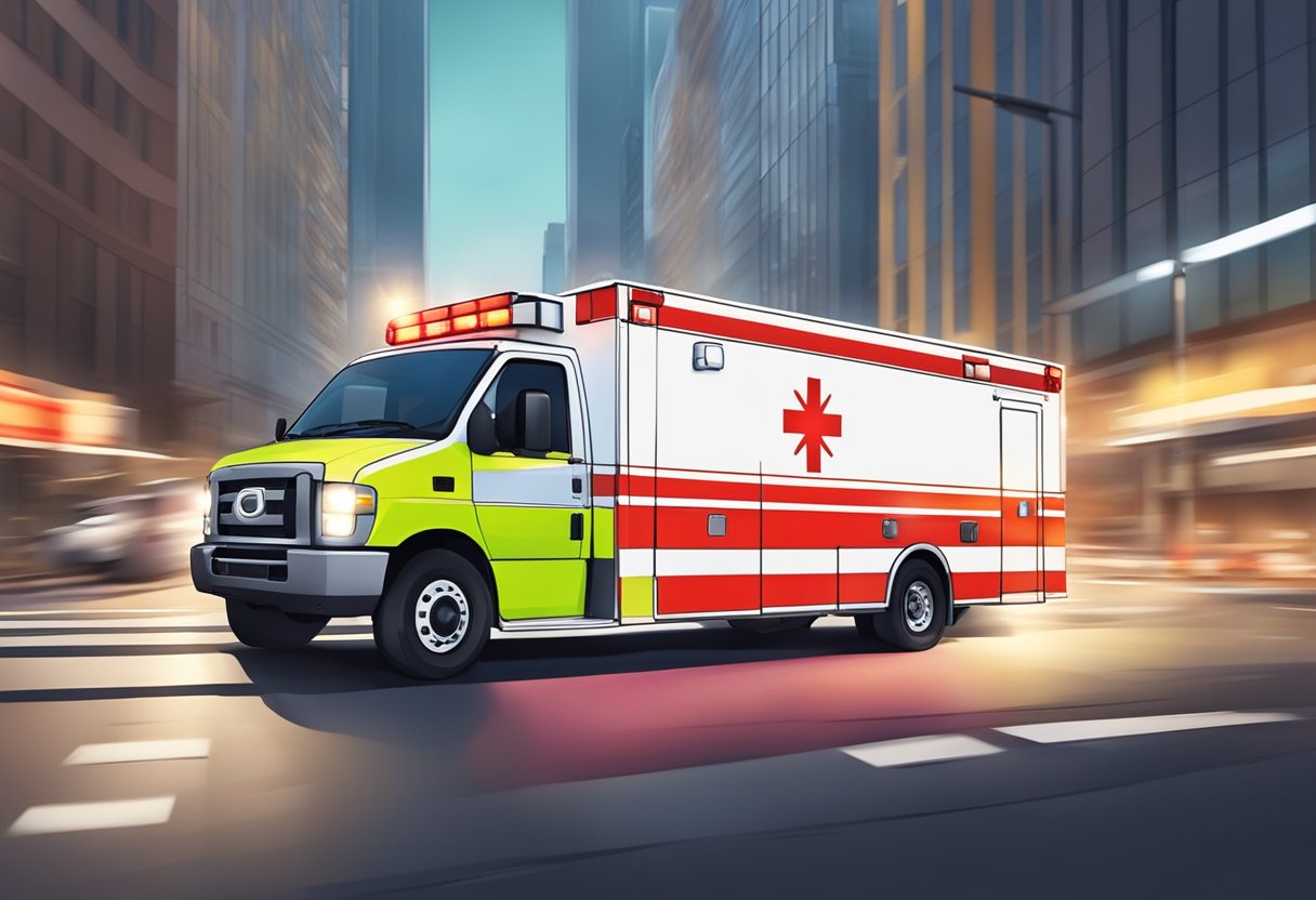 Resgate Ambulância: Eficiência no Atendimento de Emergências 7 A rescue ambulance speeding through a busy city street with its lights flashing and siren blaring, surrounded by a sense of urgency and emergency