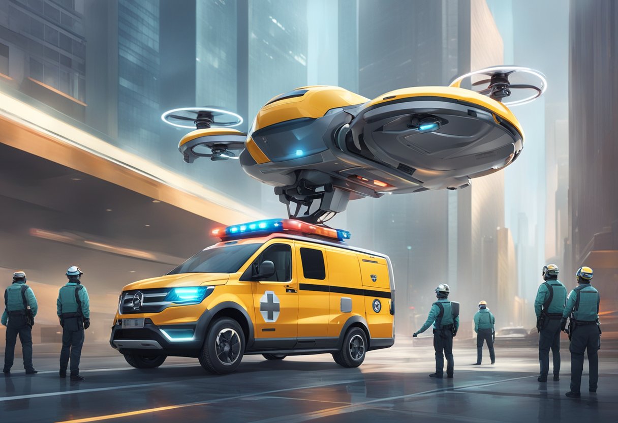Resgate Ambulância: Eficiência no Atendimento de Emergências 8 An alternative rescue vehicle, such as a drone or robot, is shown rescuing an ambulance in a futuristic setting