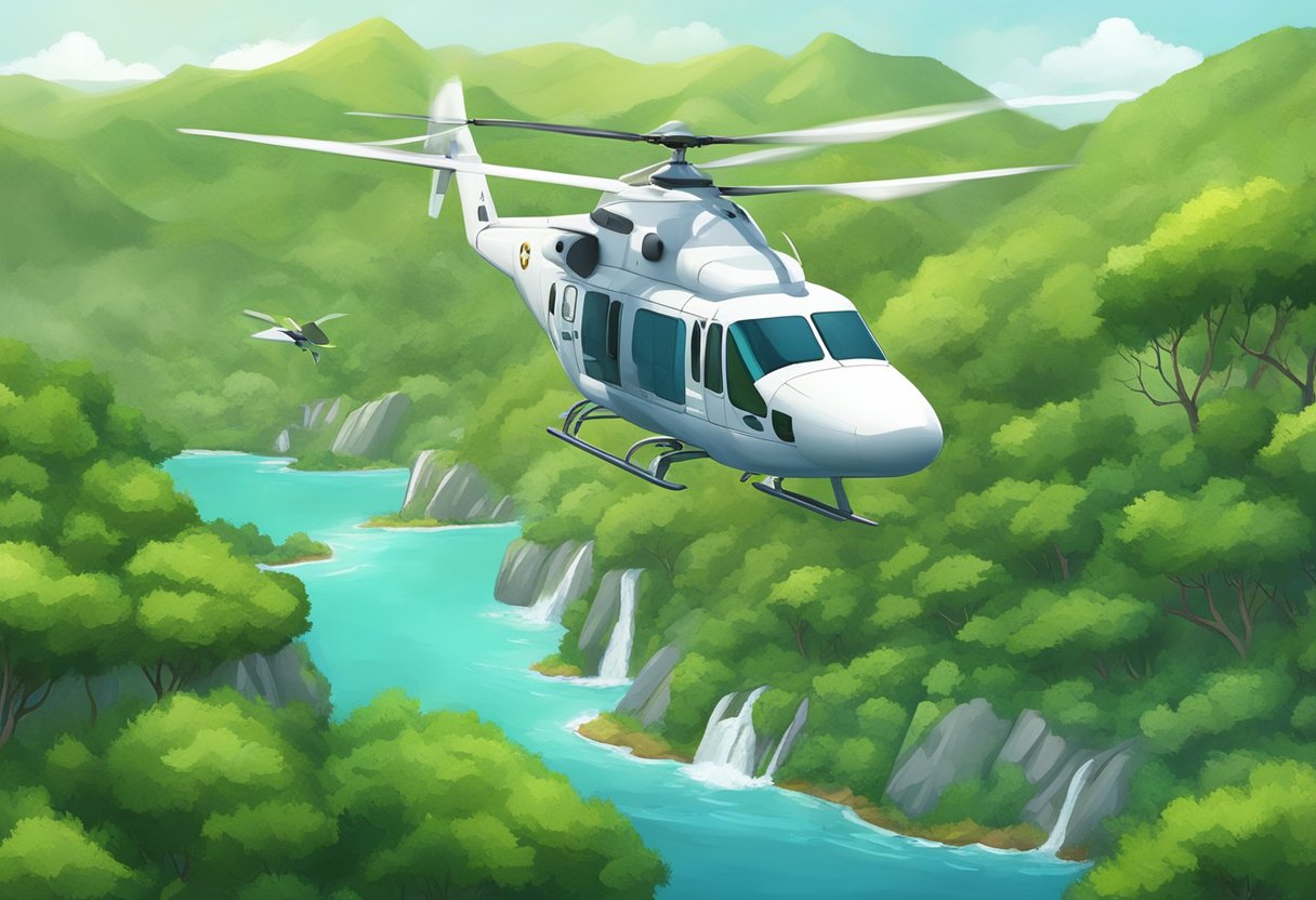 Área Protegida Ambulância: Manutenção e Desafios Operacionais 3 An aerial ambulance flying over a protected area, with lush greenery and wildlife below
