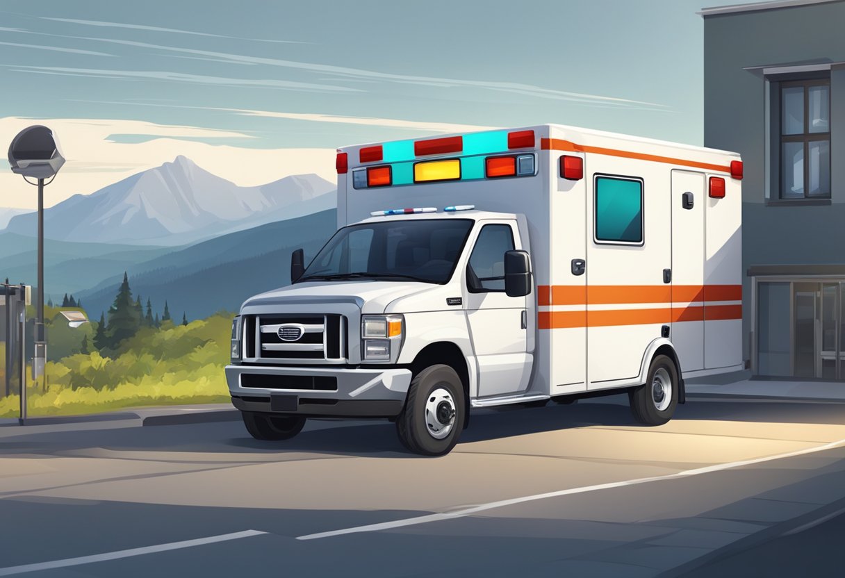 Área Protegida Ambulância: Manutenção e Desafios Operacionais 9 An ambulance parked in a variety of locations, such as urban streets, rural areas, and mountainous terrain, with a protective cover over it