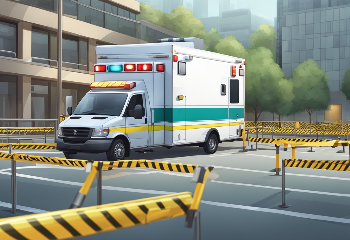 Área Protegida Ambulância: Manutenção e Desafios Operacionais 10 An ambulance parked in a secure area, surrounded by safety barriers and caution tape