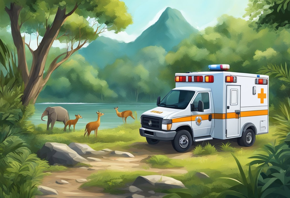 A protected area with diverse wildlife and lush vegetation. An ambulance parked nearby, ready to respond to any emergencies within the protected area