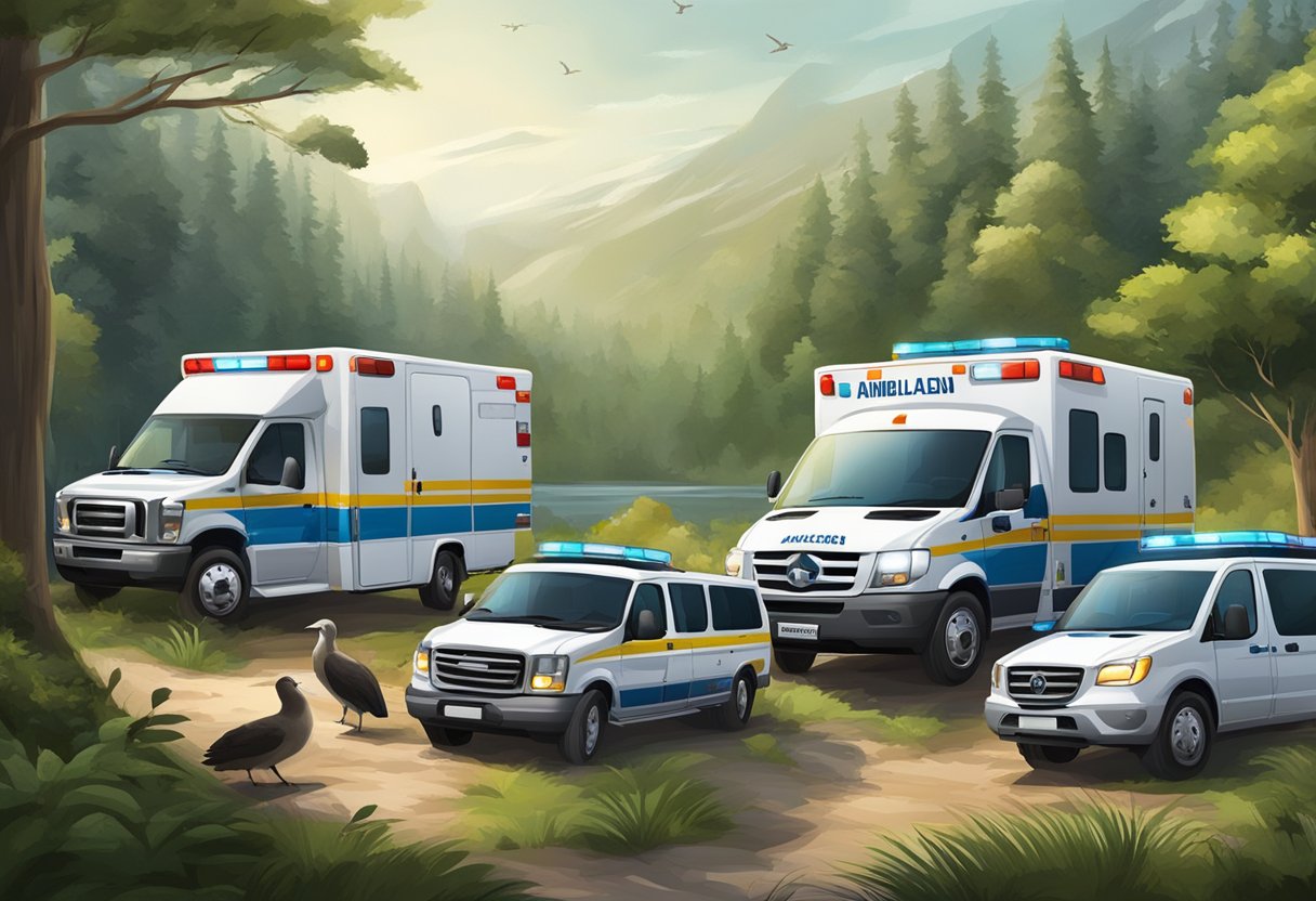 Ambulances parked in a protected area, surrounded by trees and wildlife