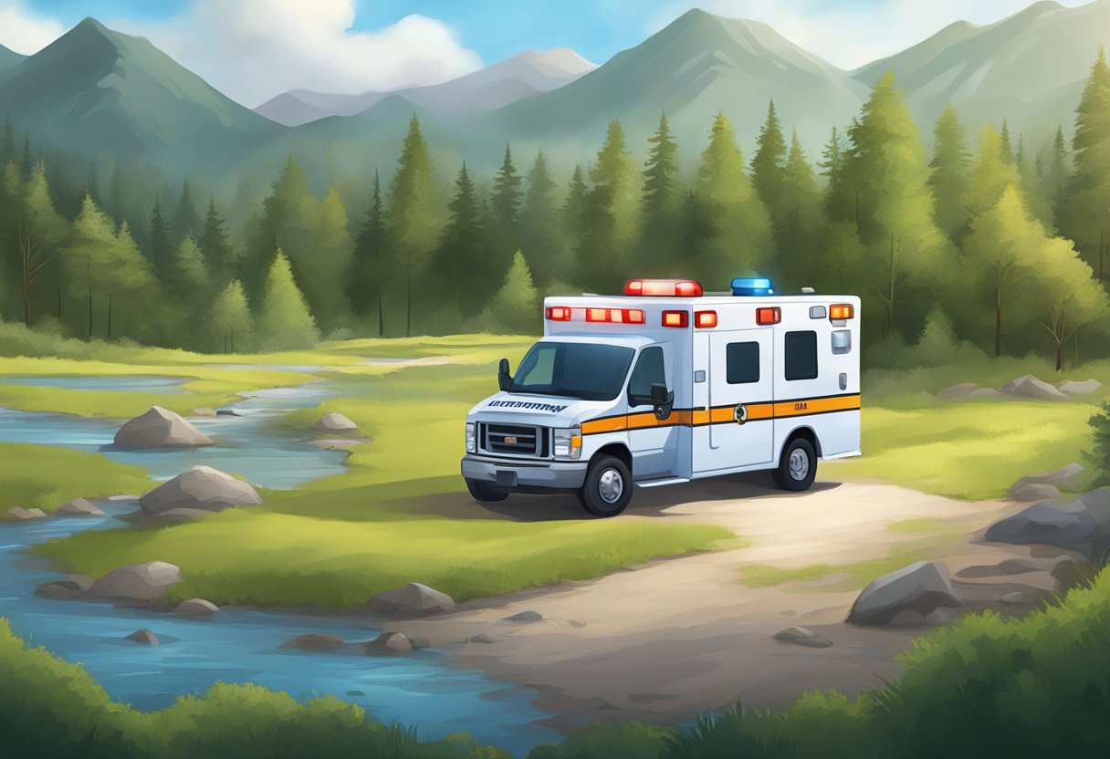 A protected area with medical emergency management, featuring an ambulance