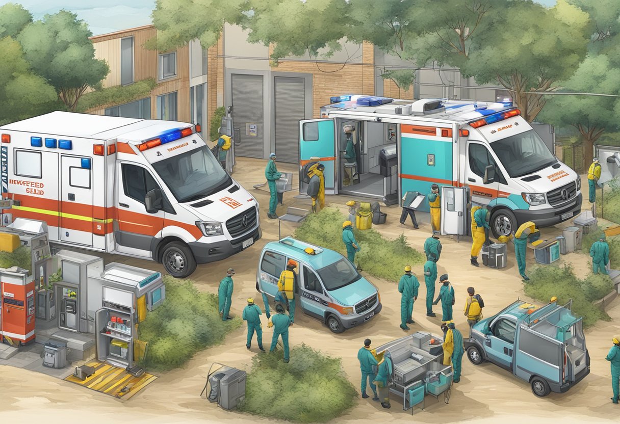 A protected area with an ambulance parked outside, surrounded by emergency medical equipment and personnel