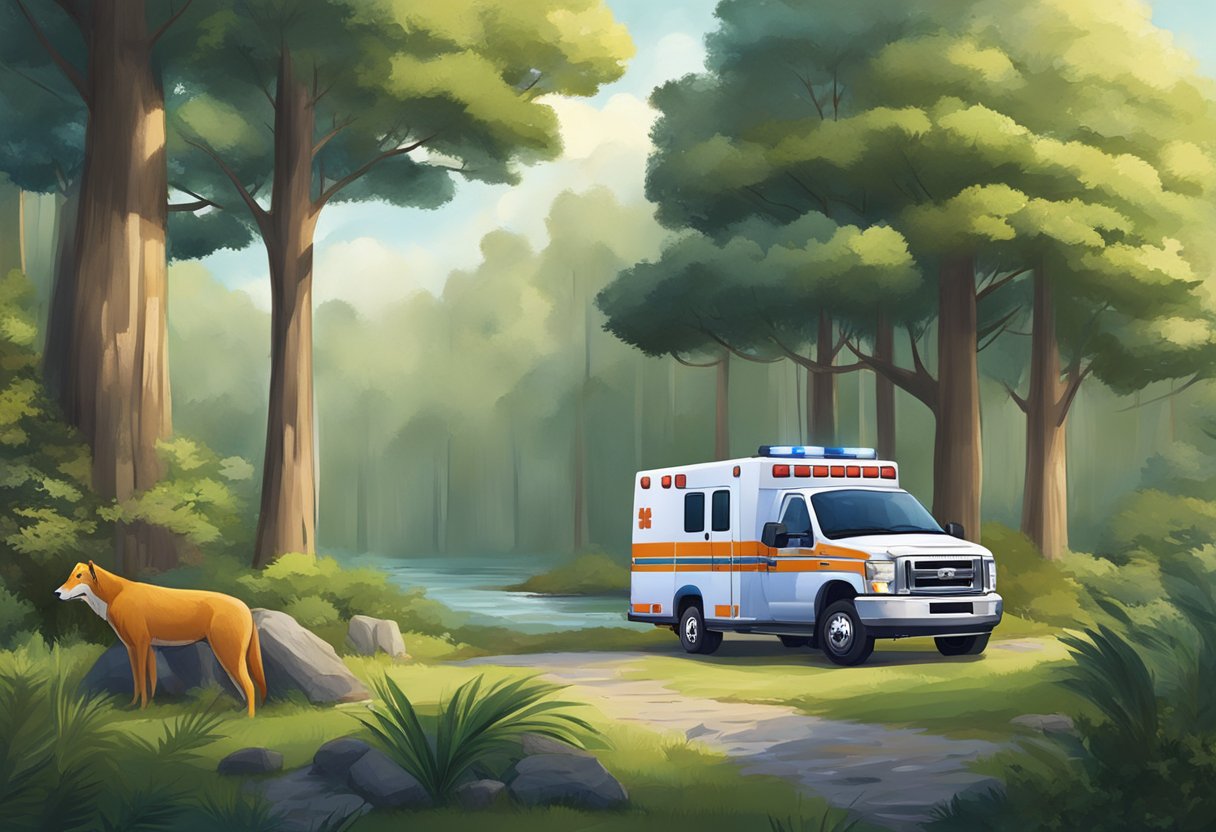 A protected area with an ambulance parked outside, surrounded by trees and wildlife