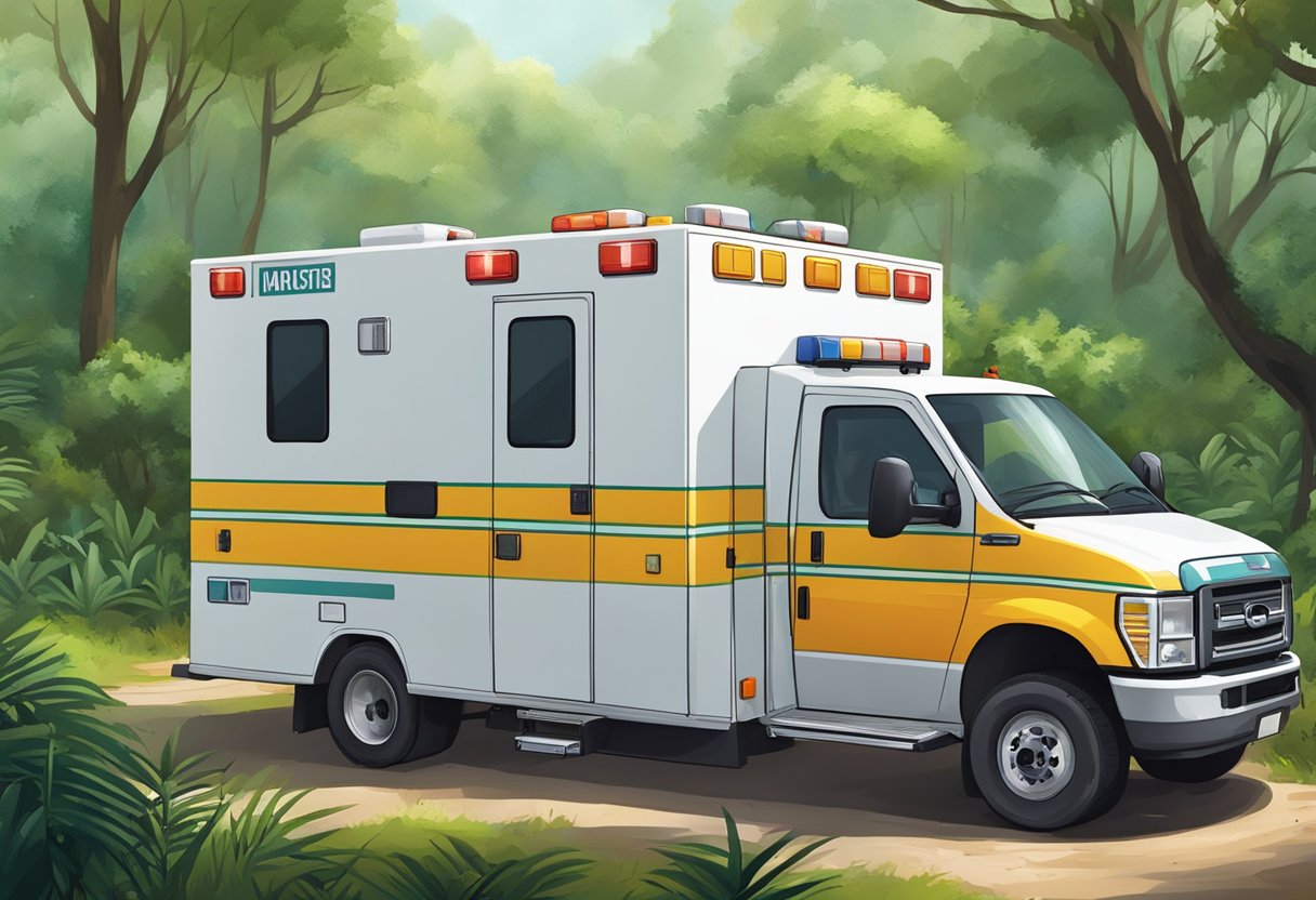 An ambulance parked in a designated area within a protected zone, surrounded by lush greenery and wildlife