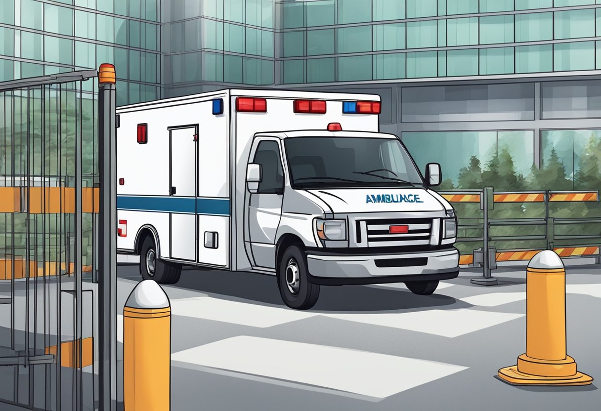 An ambulance parked in a designated area with protective barriers. Staff follows emergency protocols for best practices in patient care