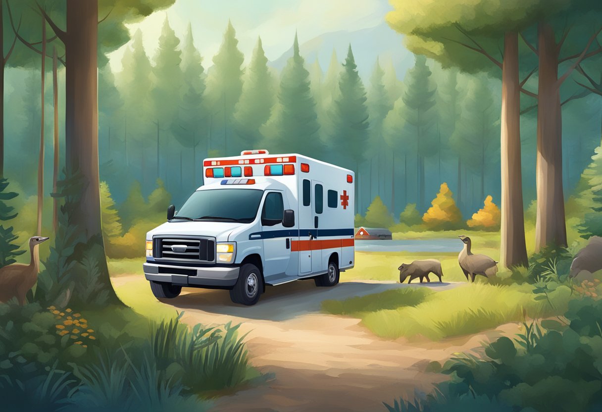 A protected area with an ambulance parked outside, surrounded by trees and wildlife
